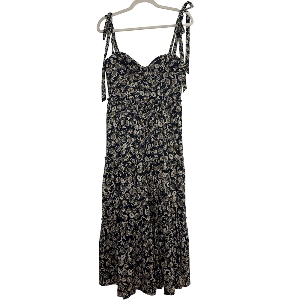 The Westside by Sari Sloane Floral Tiered Cotton Midi Dress Navy Blue Small